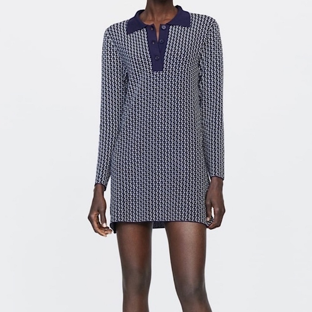 🆕 ZARA Jacquard Knit All Over Logo Print Collar Dress in Navy SZ S